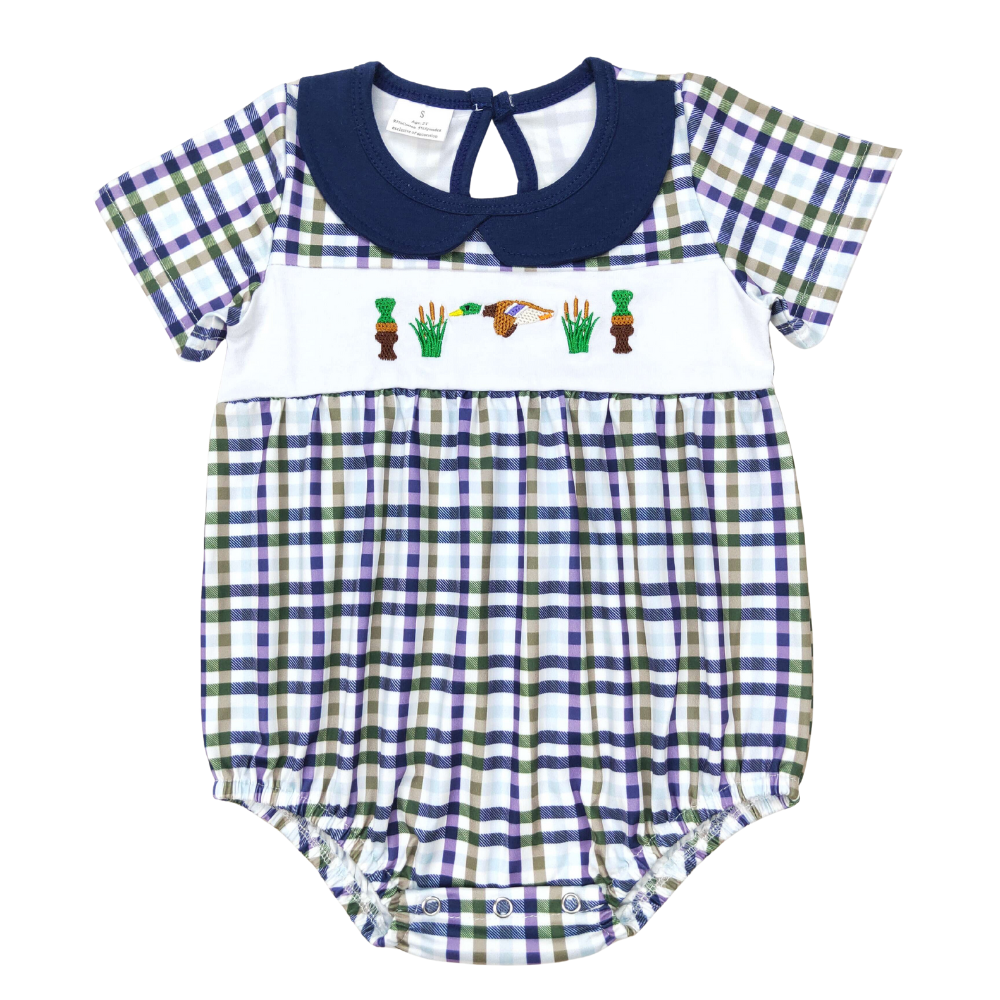 Plaid Collard Embroidered Duck Romper