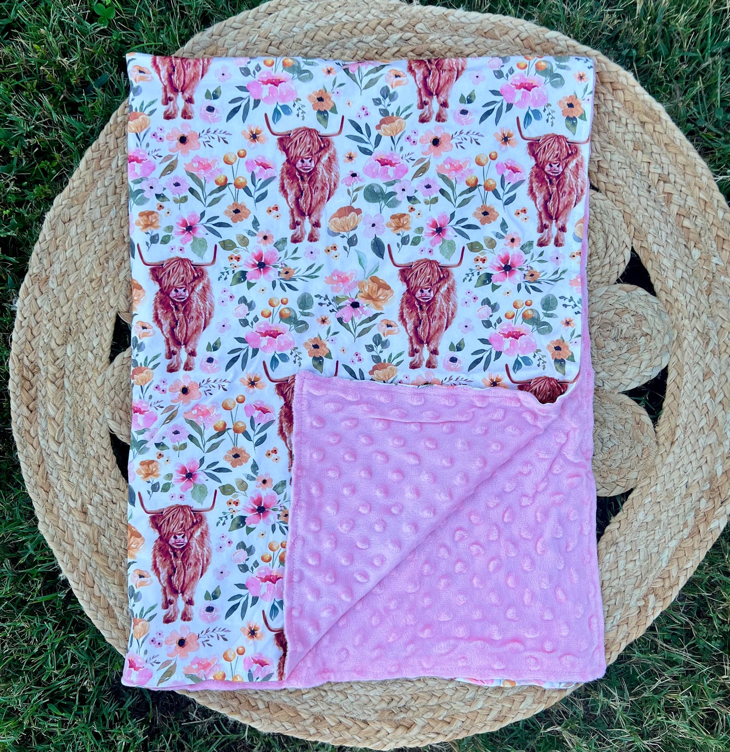 Pink Highland Cow Minky Blanket