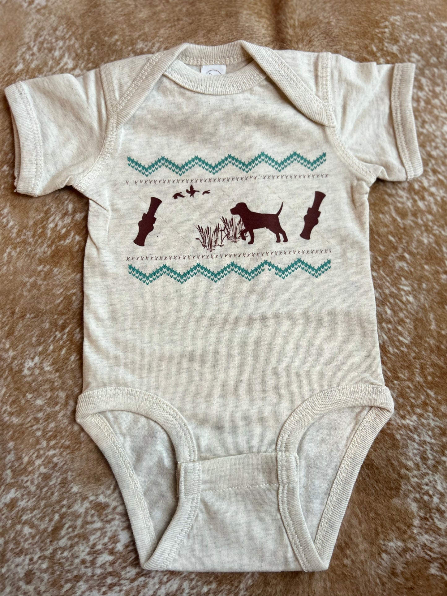 Faux stitching duck dog onesie - NB (small print imperfection)