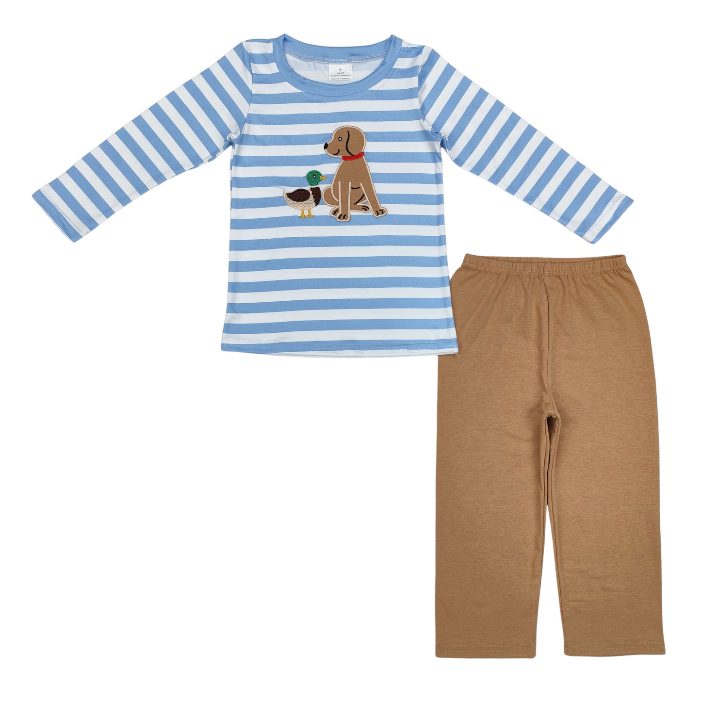 Blue Striped Puppy & Duck Pants Set