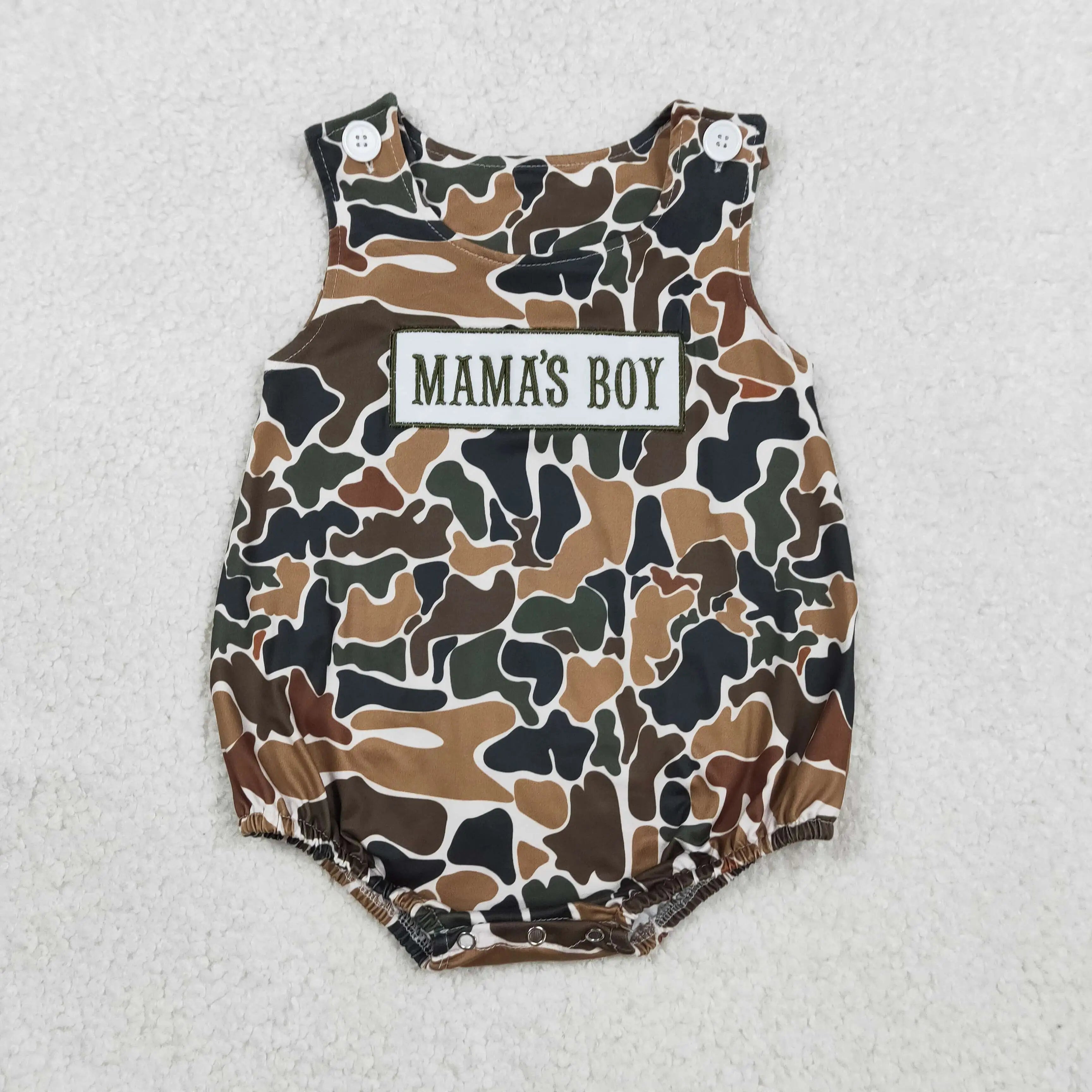 Brown Camo Embroidered Mama’s Boy Romper - Preorder