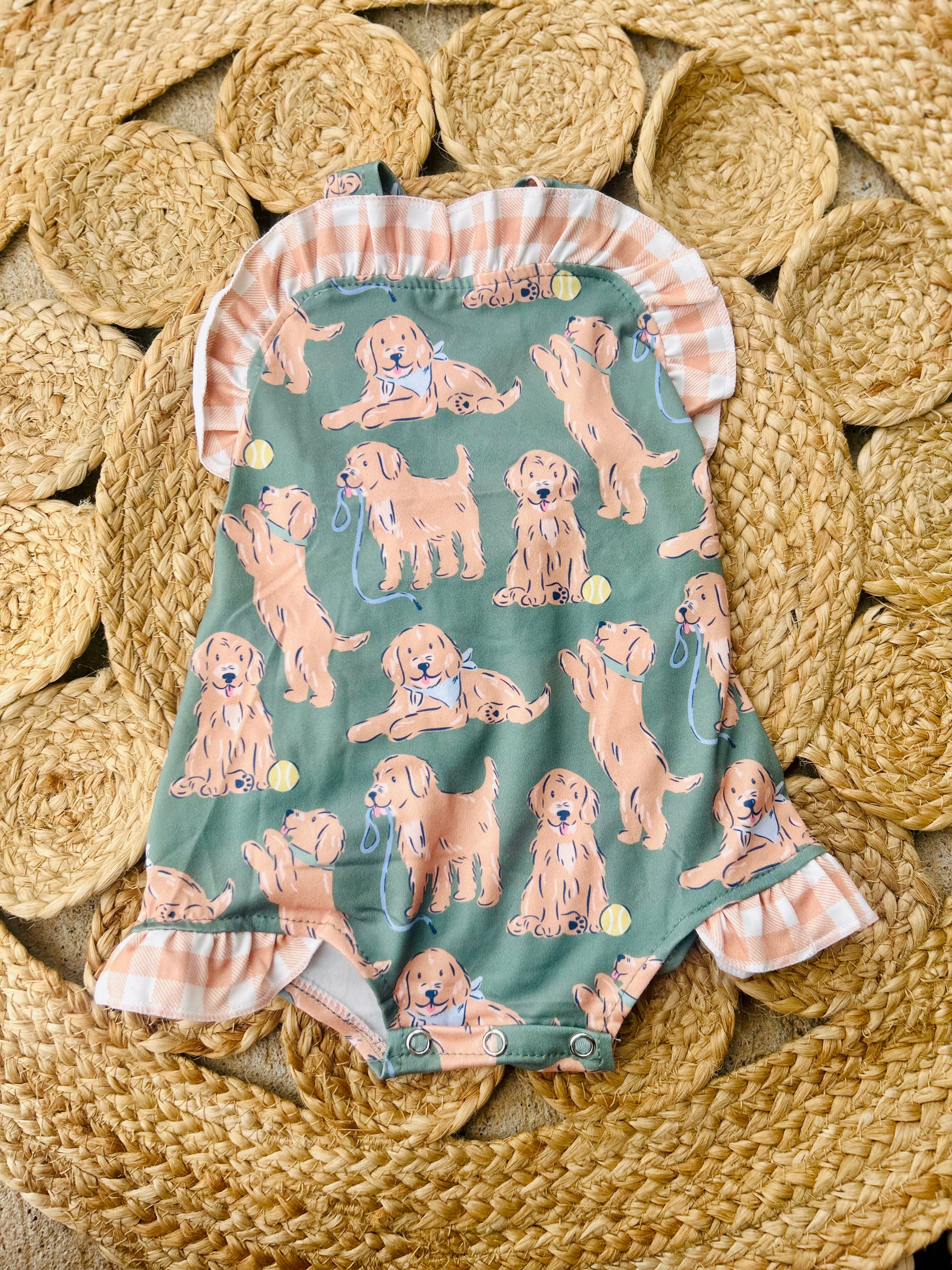 Golden Retriever Plaid Bow Romper - Preorder