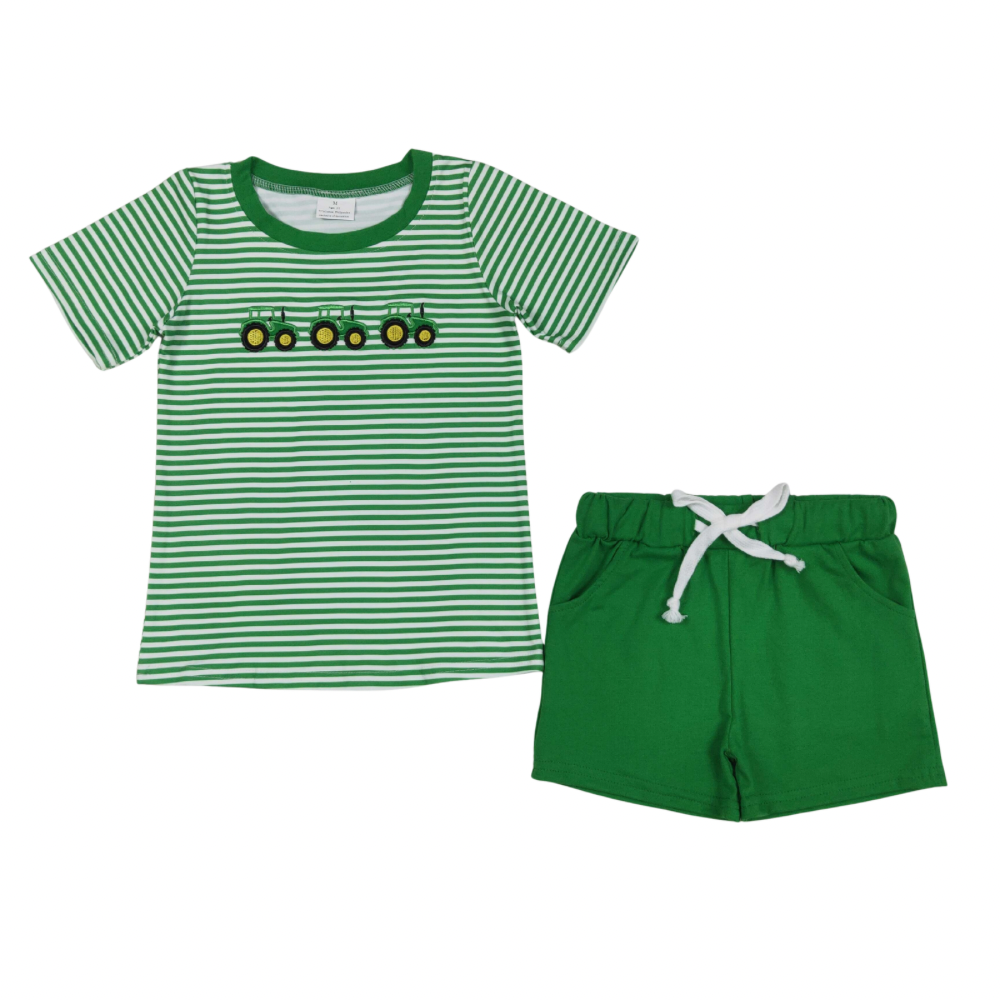 Green Striped Embroidered Tractors Set - Preorder