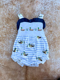 Embroidered Ducks Striped Ruffle Romper