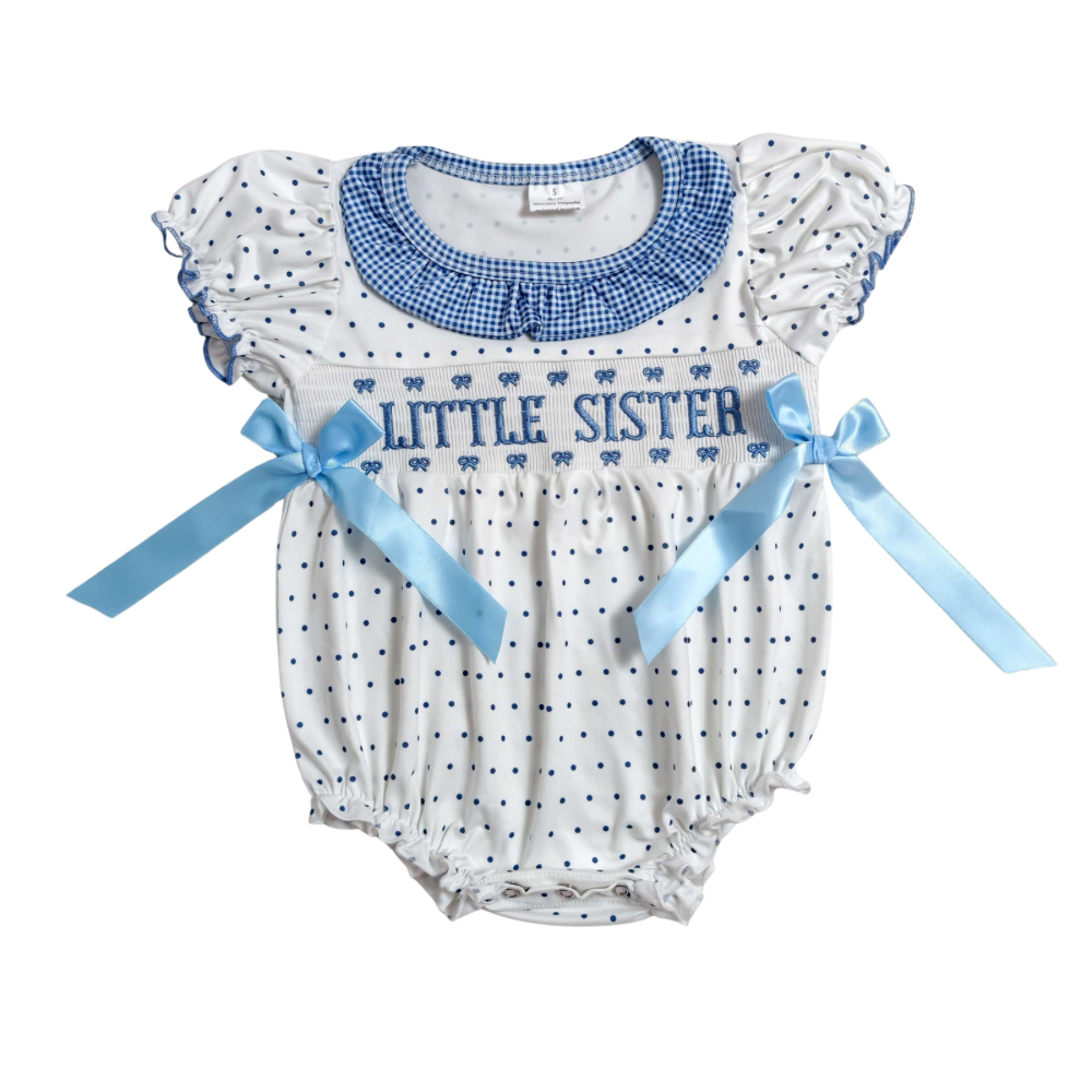 Smocked Blue Polka Dot Little Sister Romper