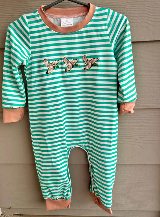 Embroidered Green Striped Mallard Long Romper