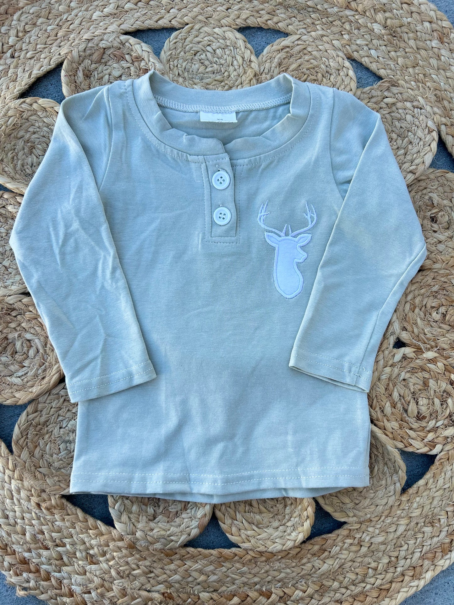 Beige Embroidered Deer LS Top