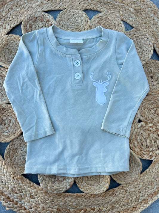 Beige Embroidered Deer LS Top