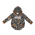 Brown Camo Embroidered Mama’s Boy Hooded Romper - Preorder