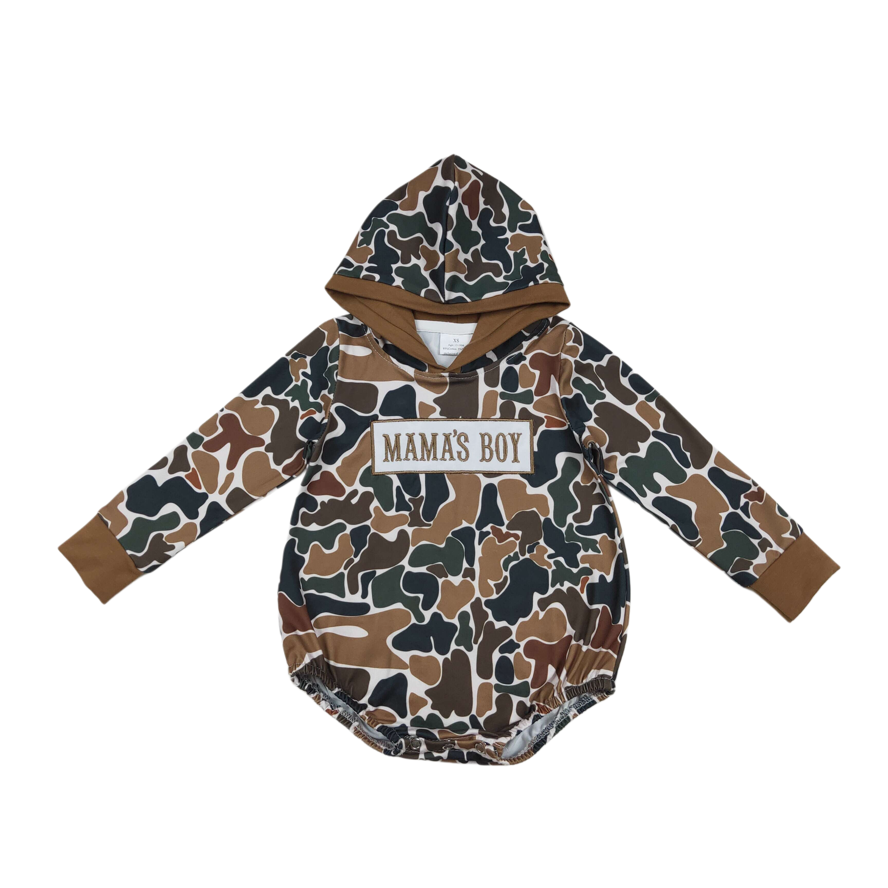 Brown Camo Embroidered Mama’s Boy Hooded Romper - Preorder