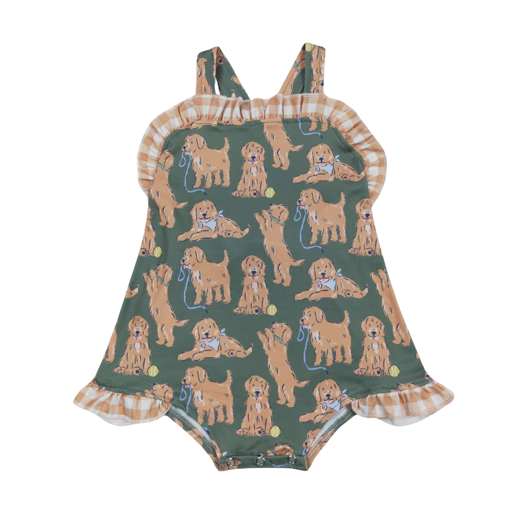 Golden Retriever Plaid Bow Romper - Preorder