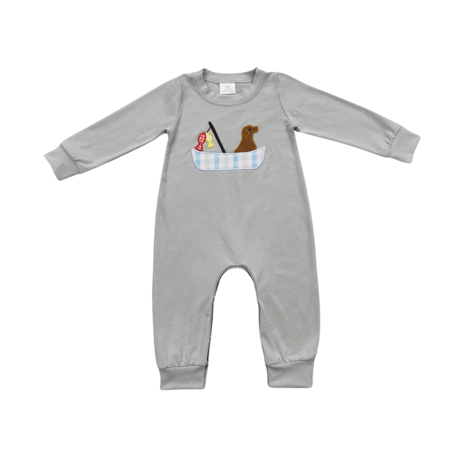 Embroidered Puppy Fishing Long Romper