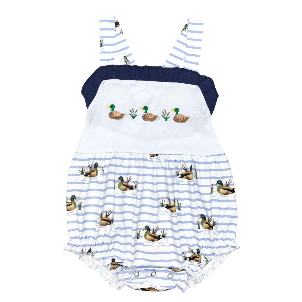 Embroidered Ducks Striped Romper - Preorder