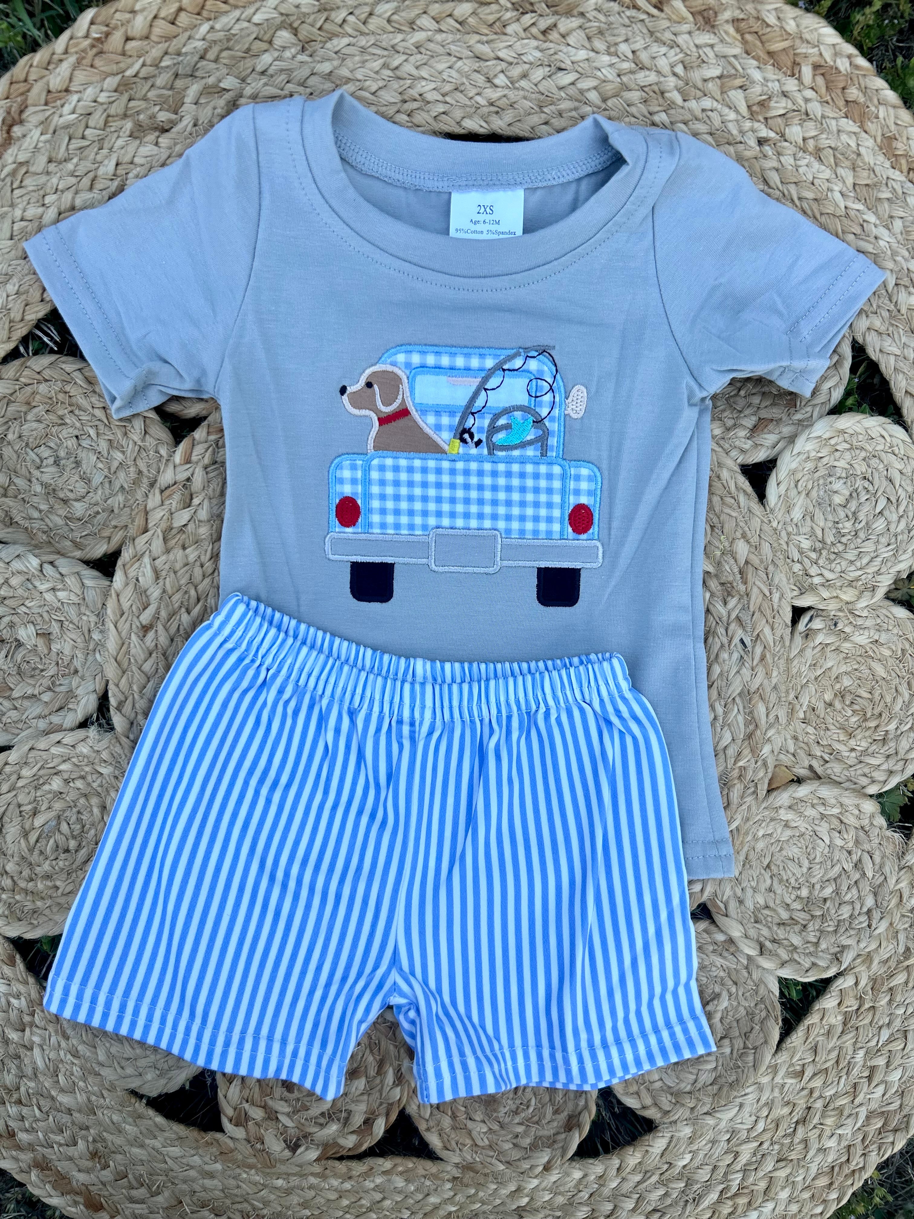Appliqué Fishing Puppy Set - Preorder