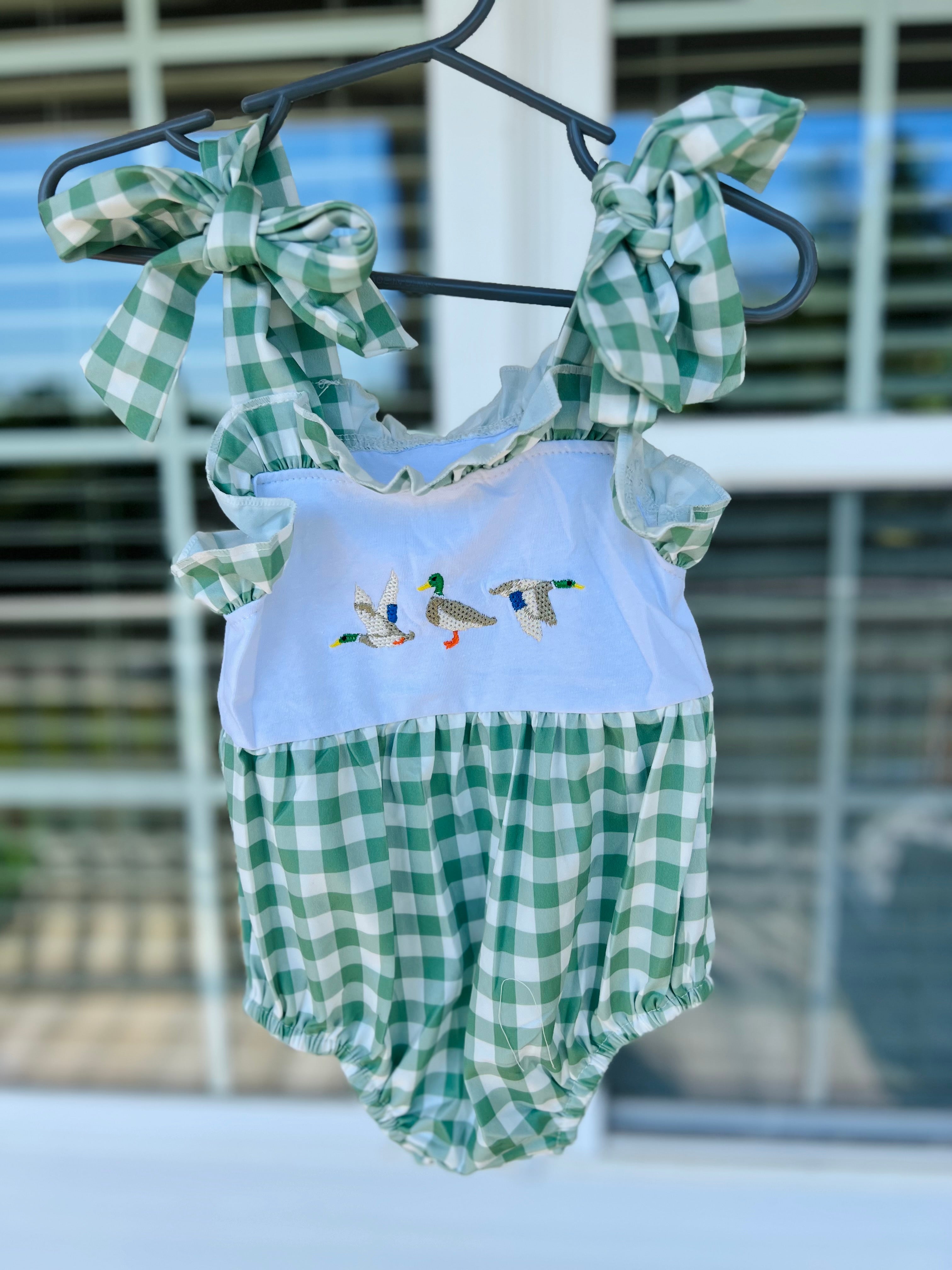 Green Embroidered Ducks Romper - Preorder