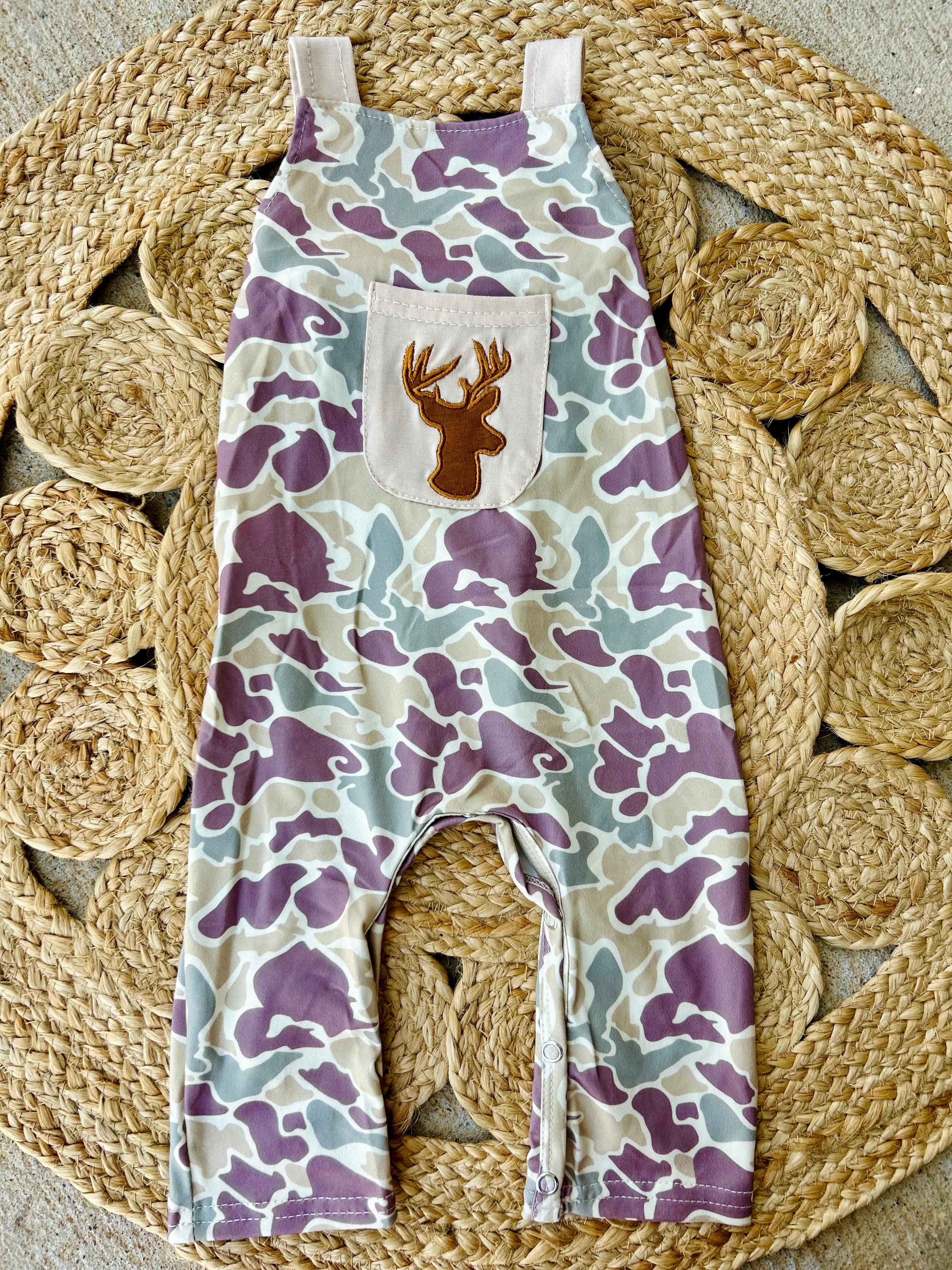 Embroidered Deer Camo Long Romper - Preorder