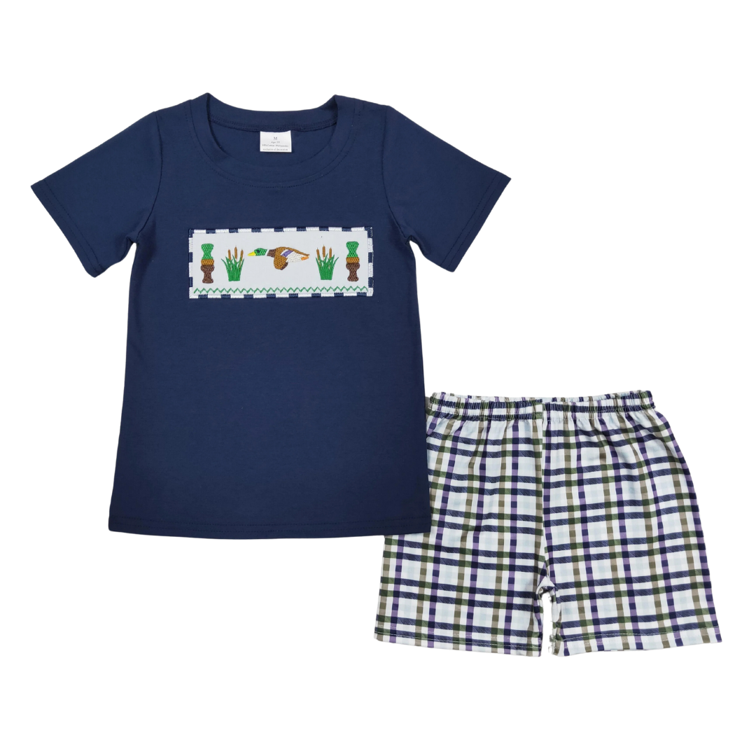 Navy Embroidered Mallard Plaid Set - Preorder