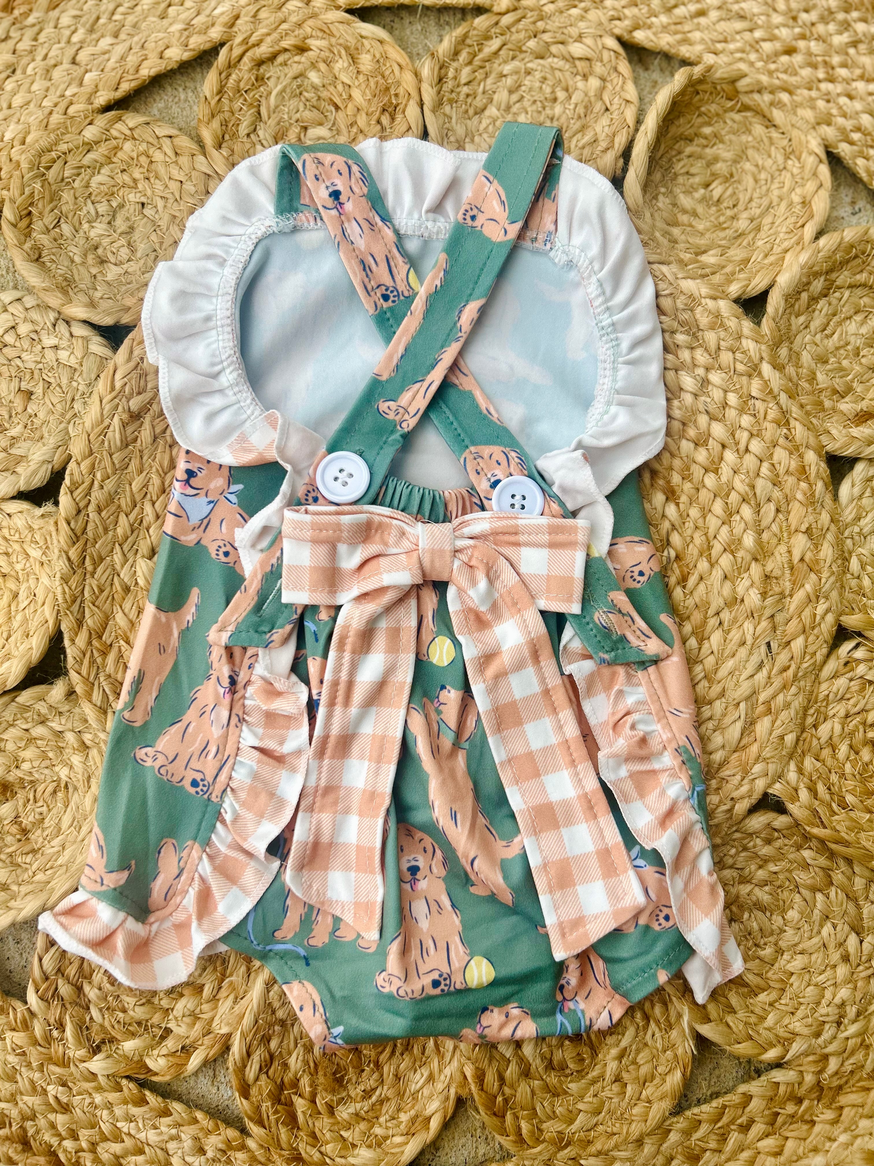 Golden Retriever Plaid Bow Romper - Preorder