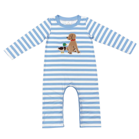 Blue Striped Puppy & Duck Long Romper