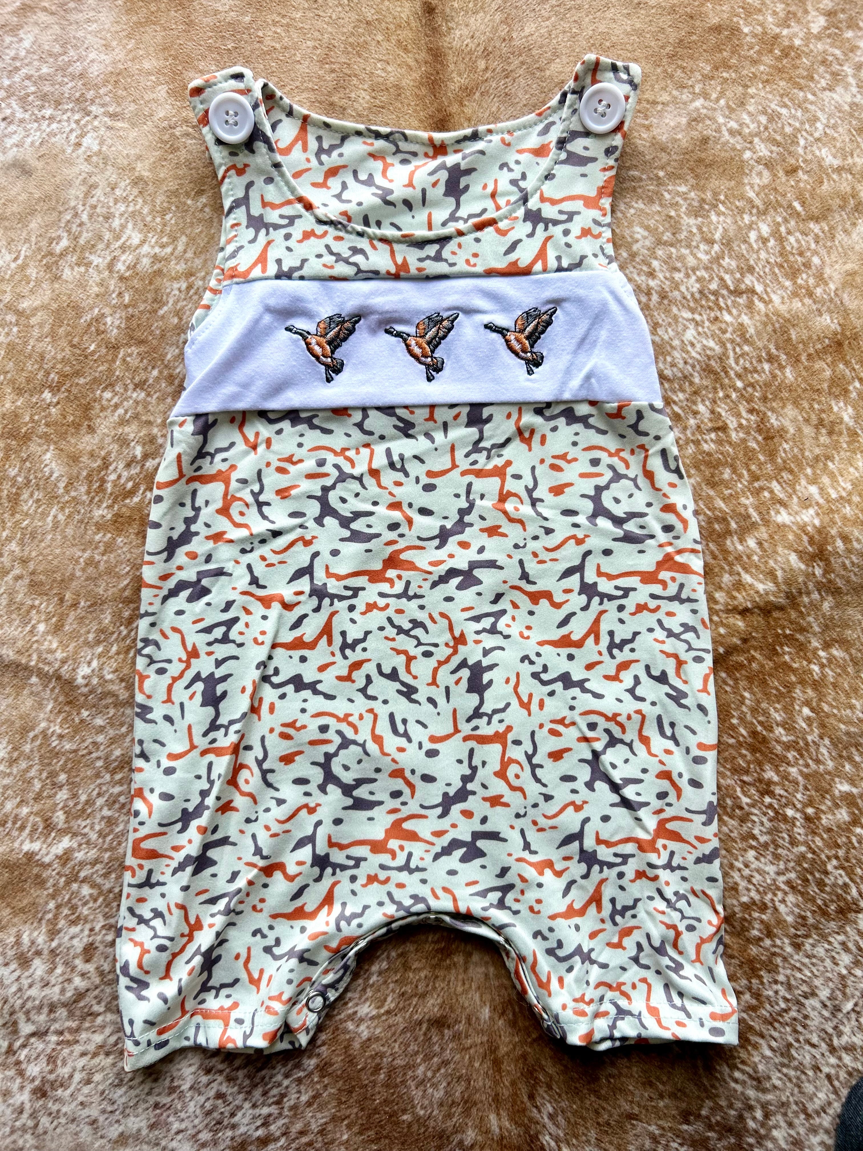 Embroidered Orange Camo Duck Romper - Preorder