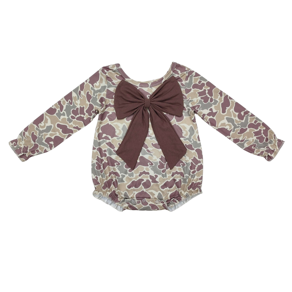 Camo Bow Long Sleeve Romper - Preorder