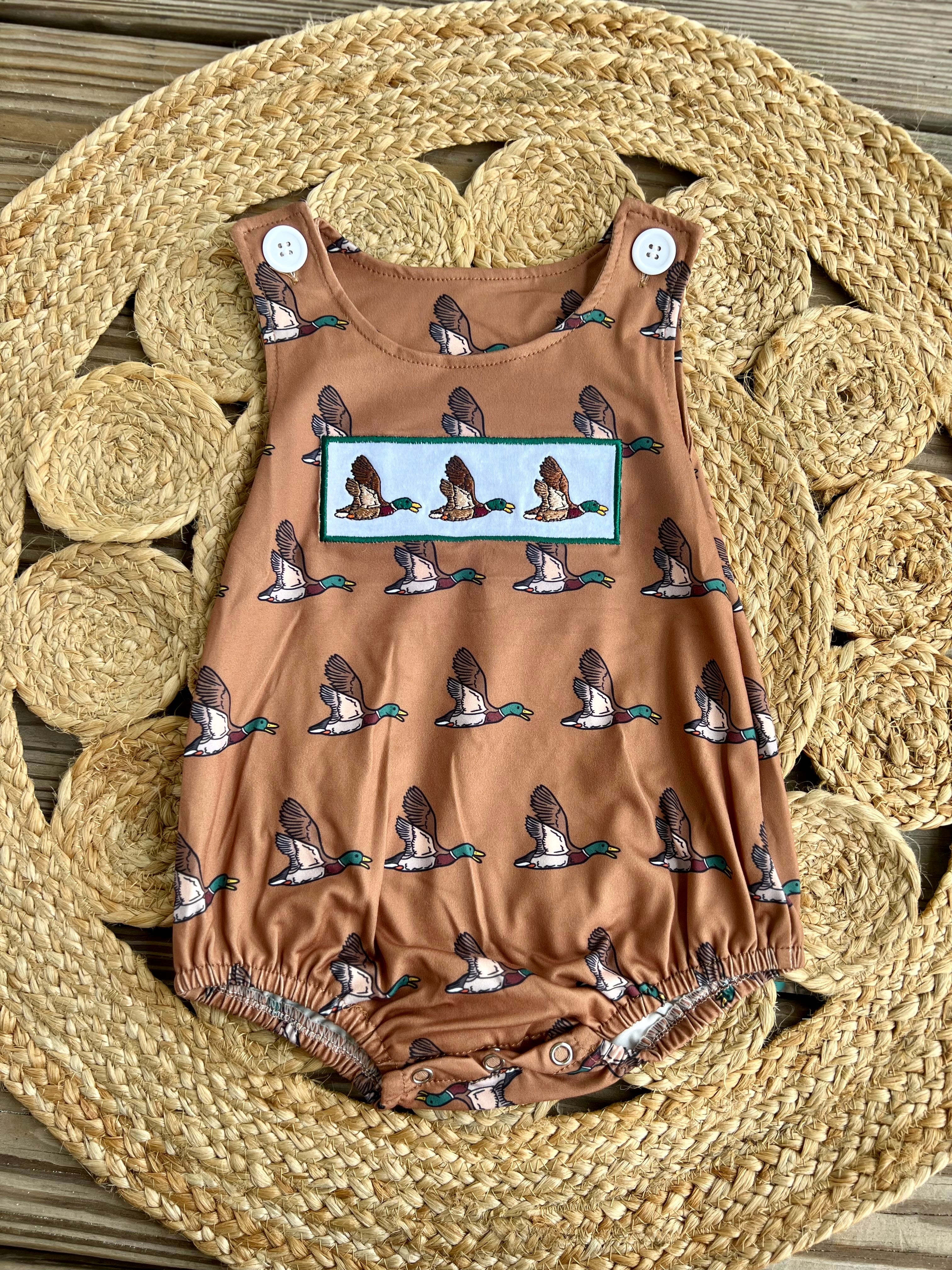 Embroidered Brown Mallard Romper - Preorder