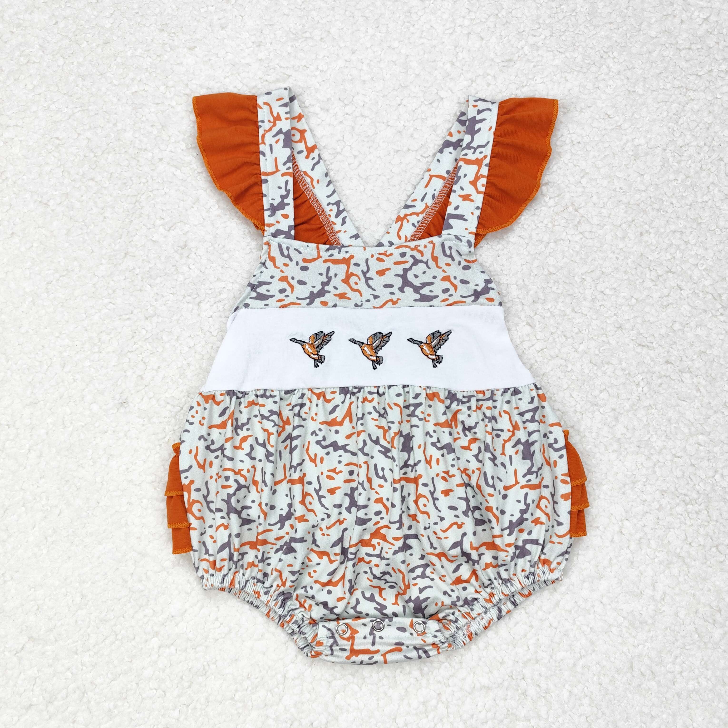 Embroidered Orange Camo Duck Romper - Preorder
