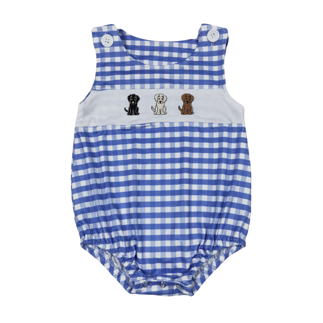 Blue Plaid Embroidered Labs Romper - Preorder