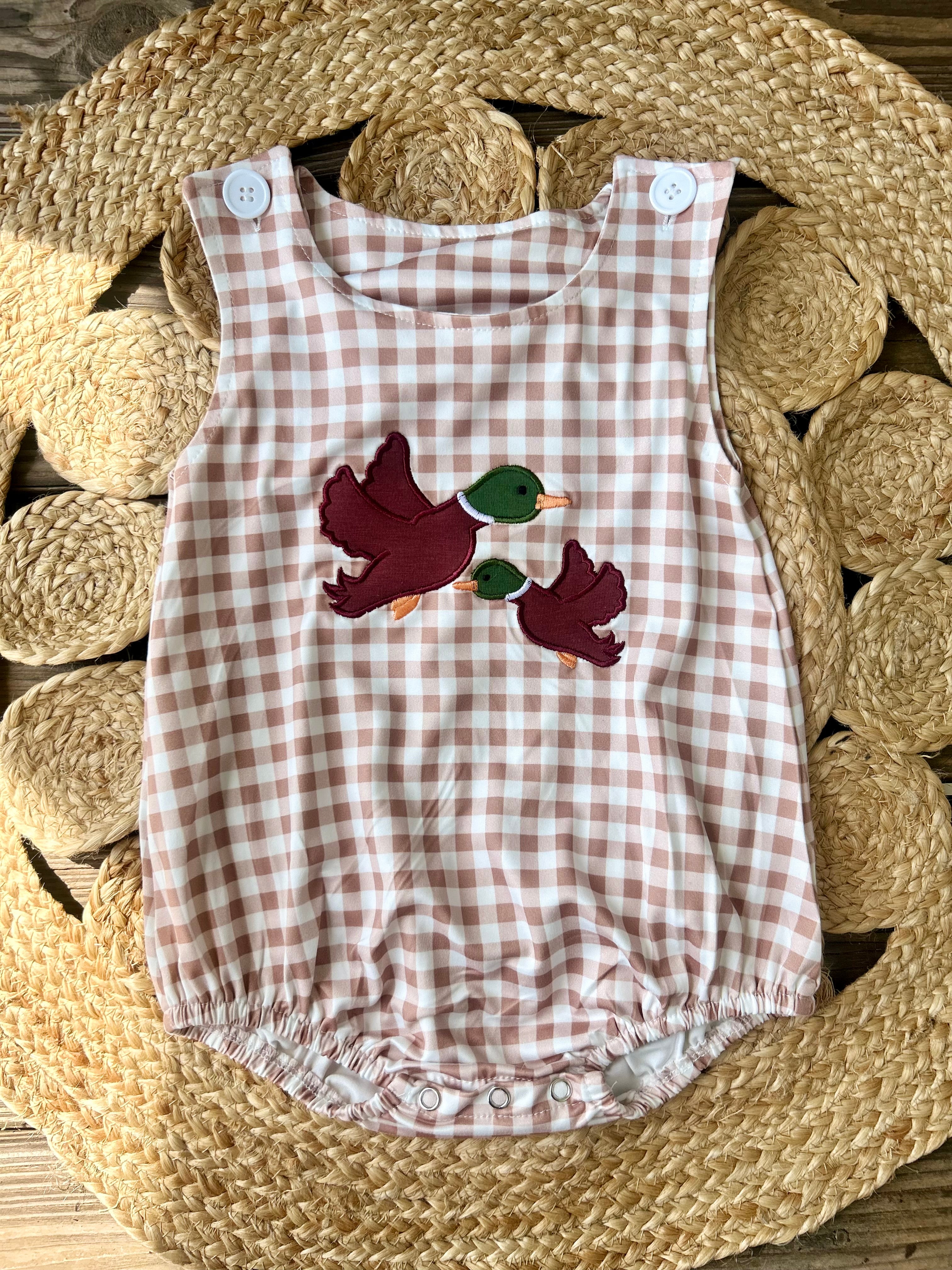 Brown Gingham Ducks Romper - Preorder