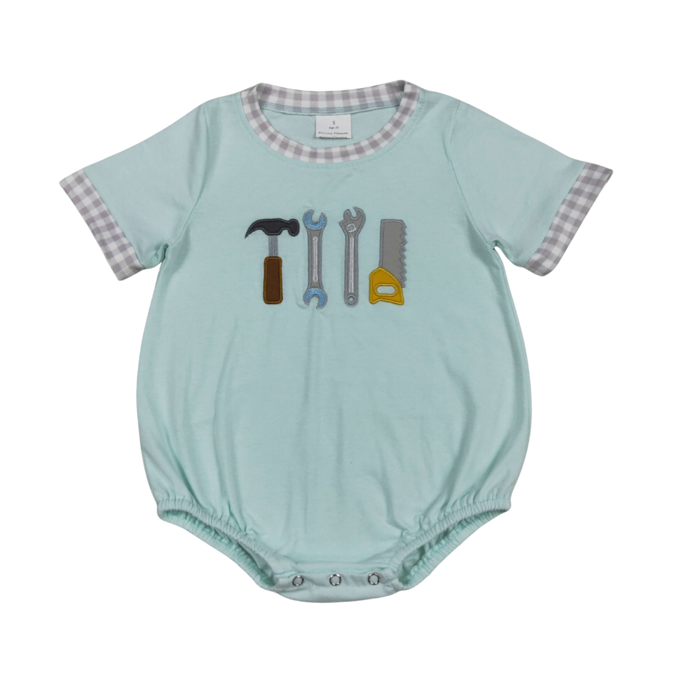 Seafoam Embroidered Gingham Tool Romper - Preorder