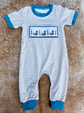Embroidered Ducks Long Striped Romper