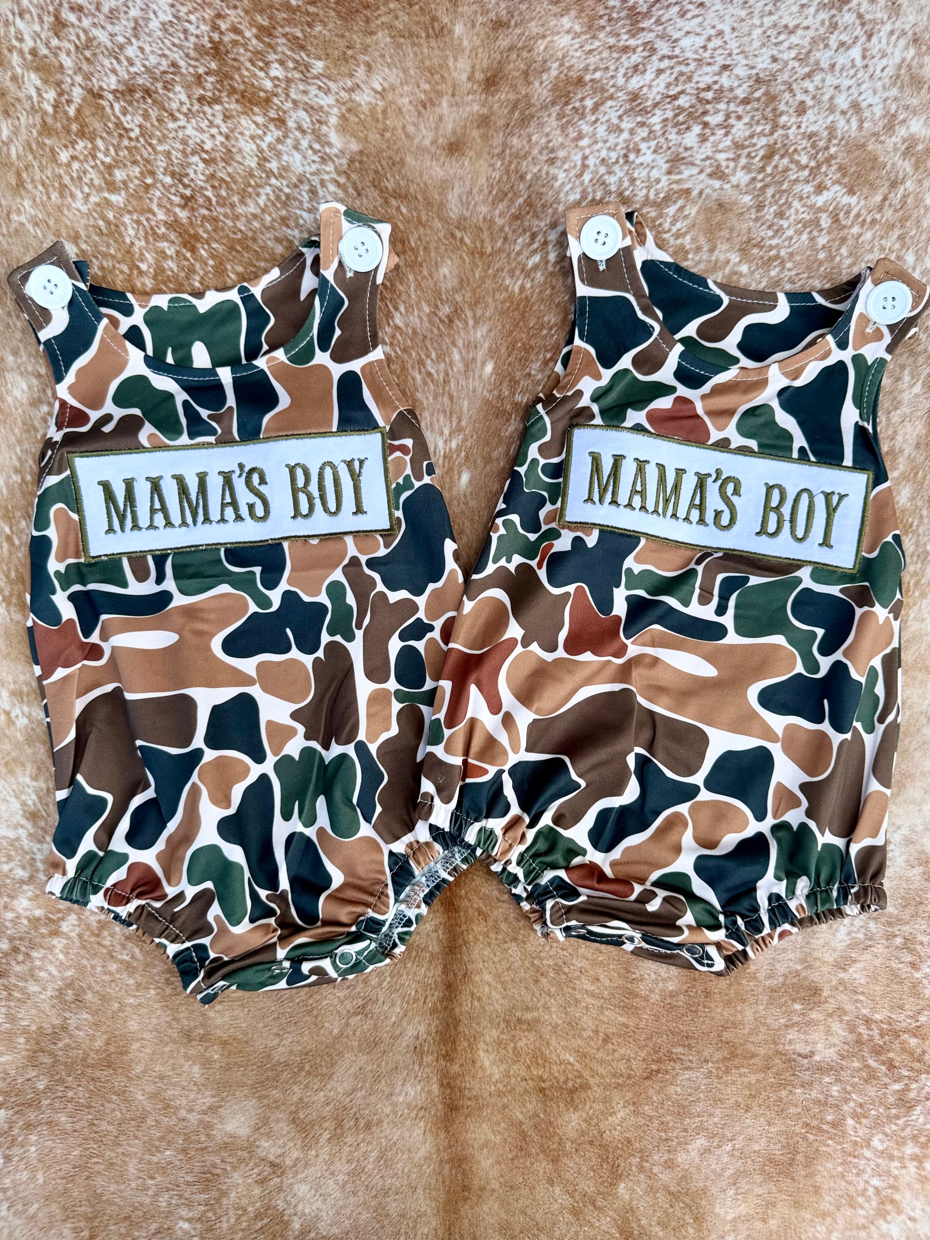 Retro Camo Mama’s Boy Embroidered Romper