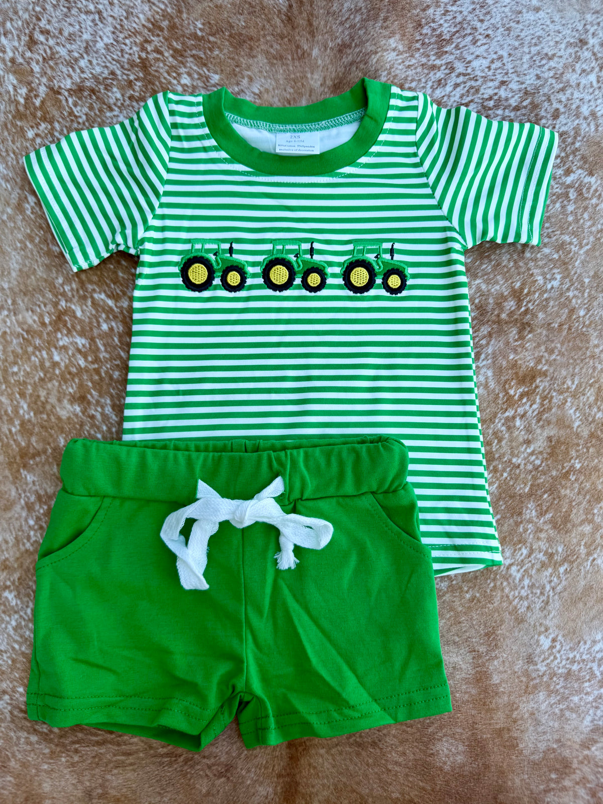 Embroidered Green Striped Tractor Set