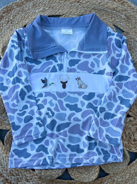 Embroidered Light Camo Duck, Deer, Dog Pullover