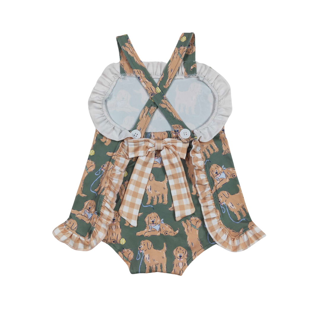 Golden Retriever Plaid Bow Romper - Preorder