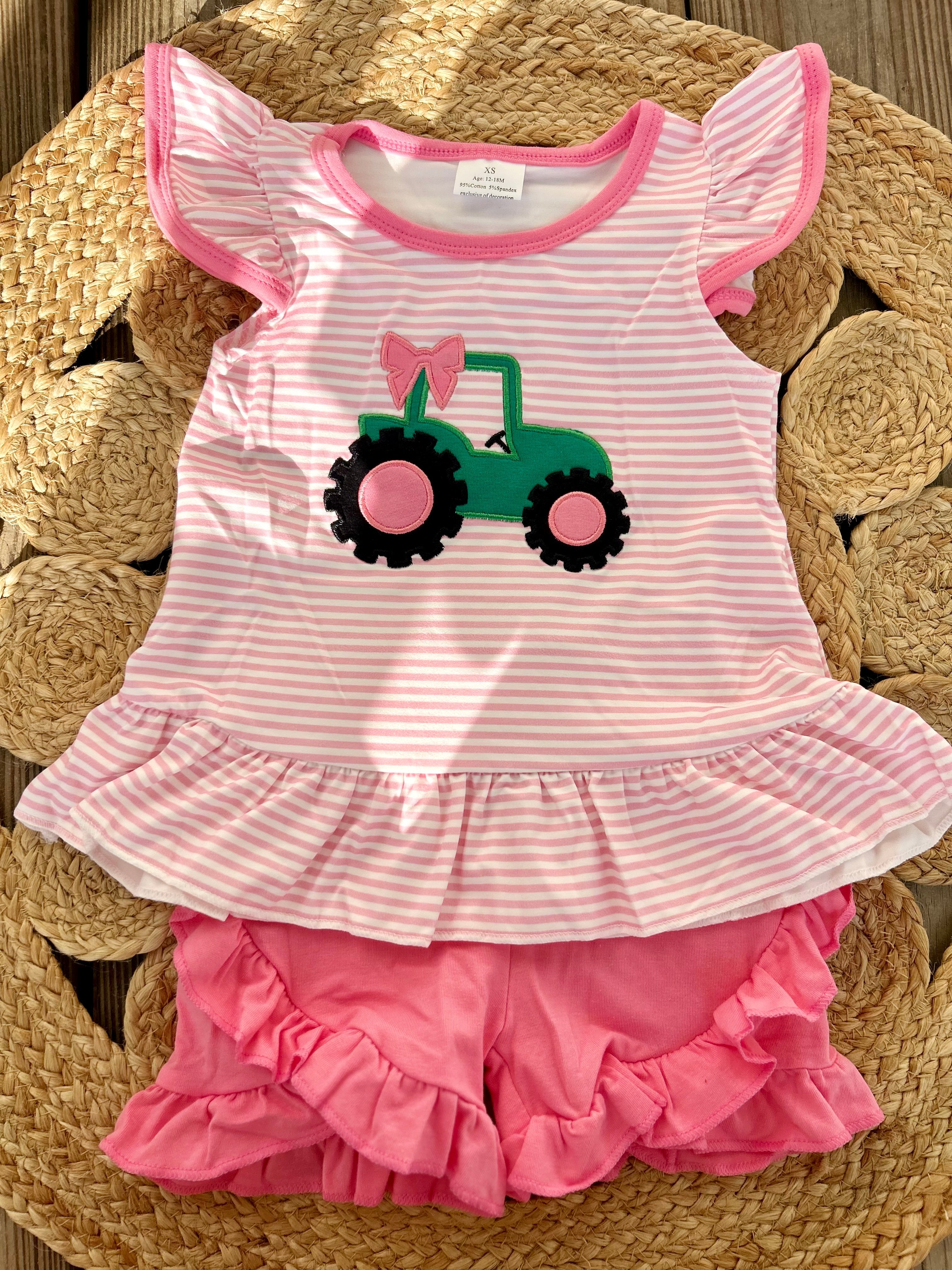 Pink Striped Appliqué Tractor Set