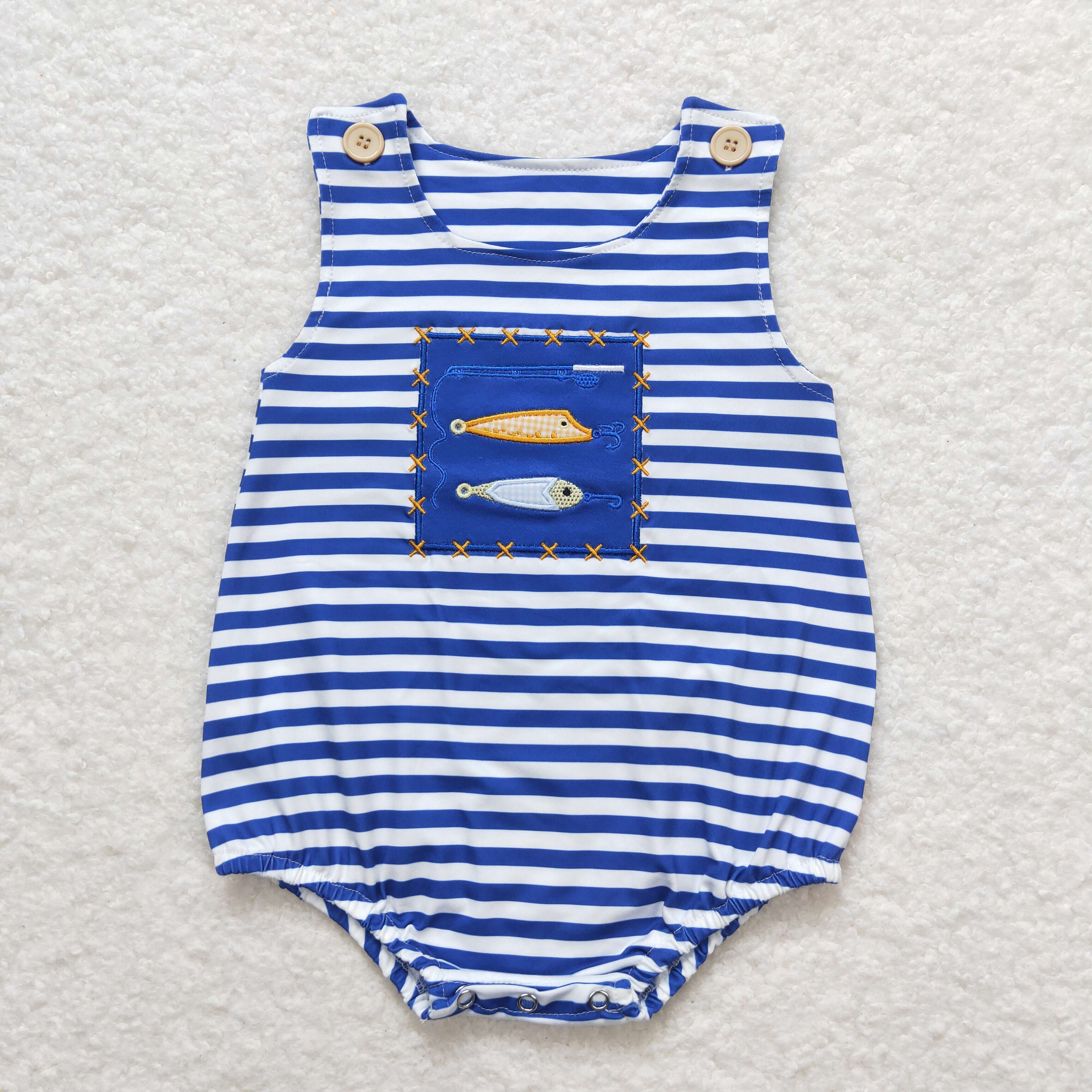 Blue Striped Embroidered Fishing Romper - Preorder