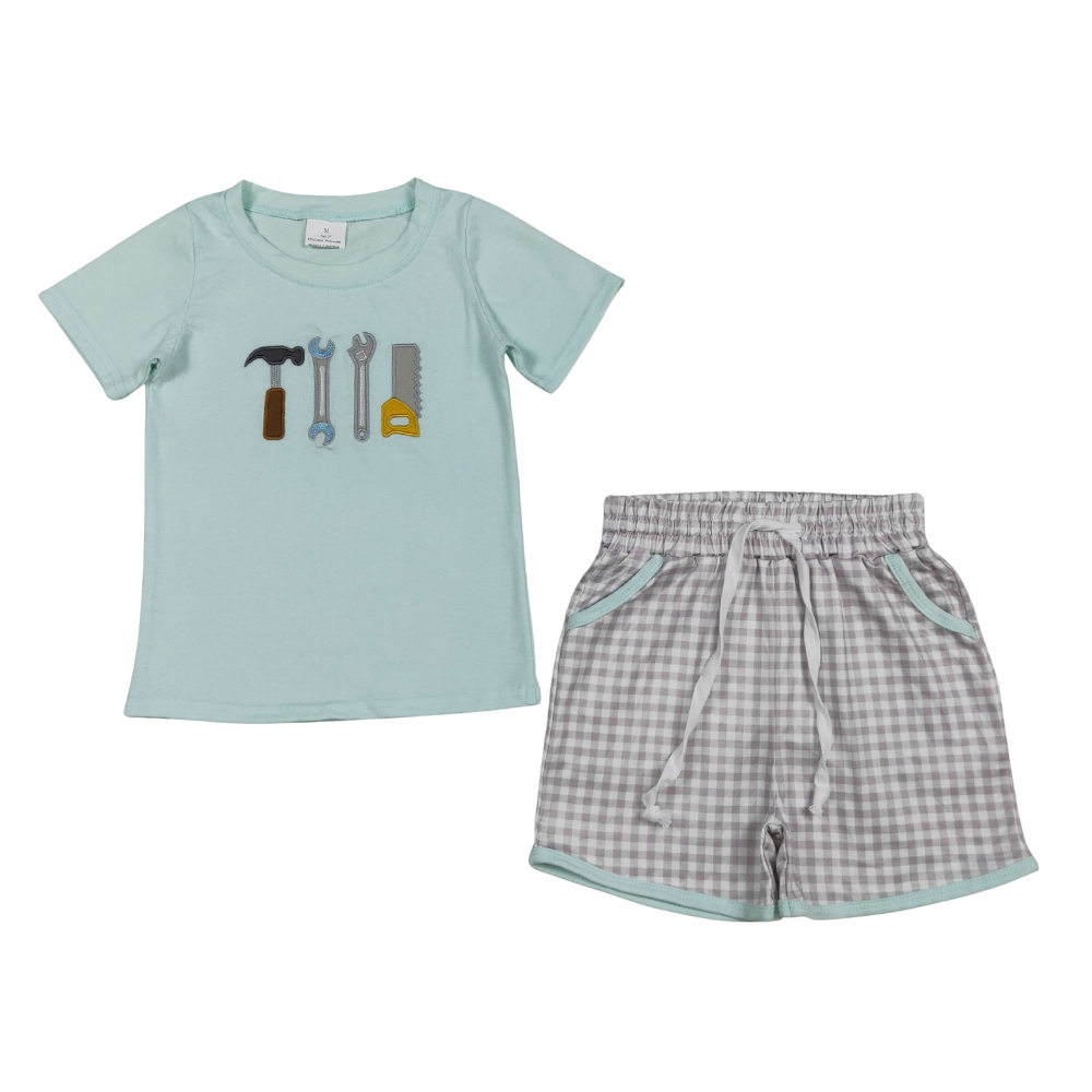 Seafoam Embroidered Gingham Tool Short Set - Preorder