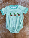 Sage Striped Embroidered Ducks Romper
