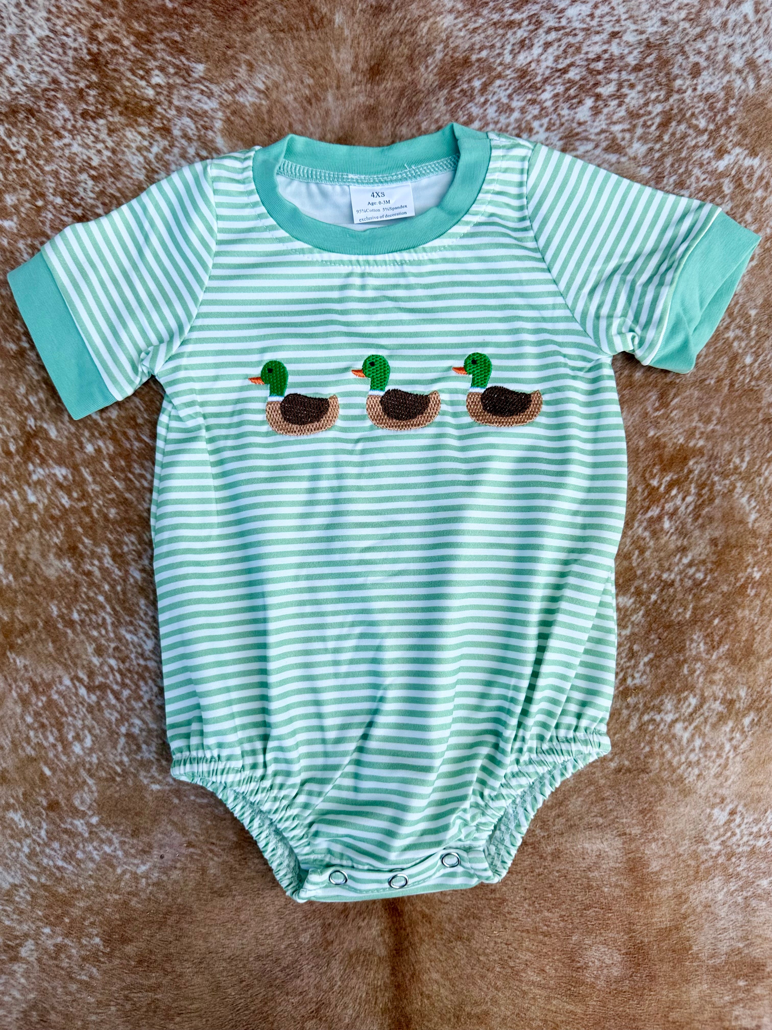 Sage Striped Embroidered Ducks Romper