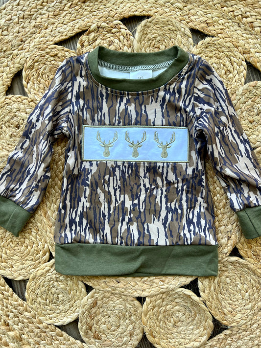 Dark Camo Embroidered Deer Long Sleeve Top