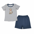 Navy Striped Puppy Appliqué Set - Preorder