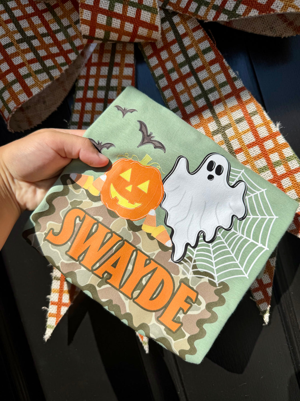 Pumpkin & Ghost Camo Name Plate Tee - CUSTOM (2 colors)