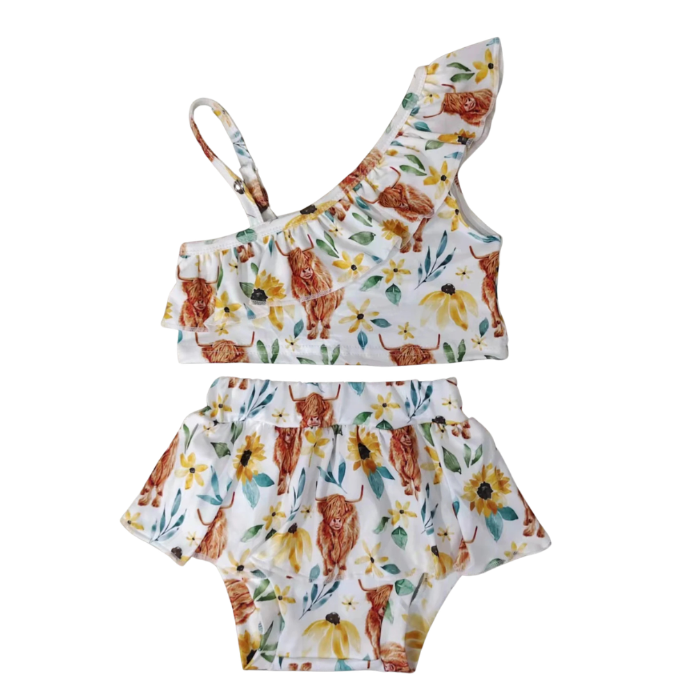 Yellow Floral Highland Cow Swimsuit - Preorder