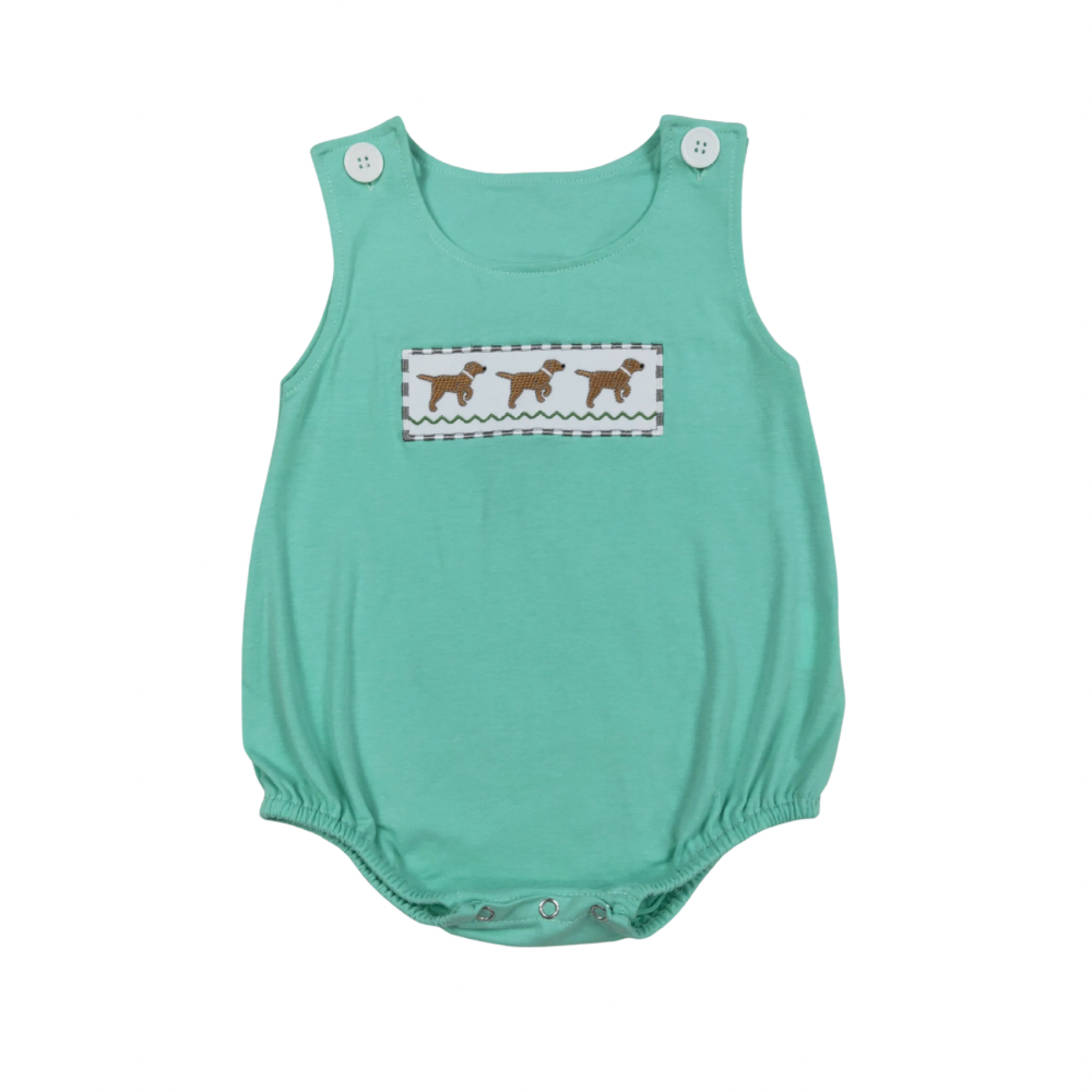 Mint Embroidered Puppy Romper - Preorder