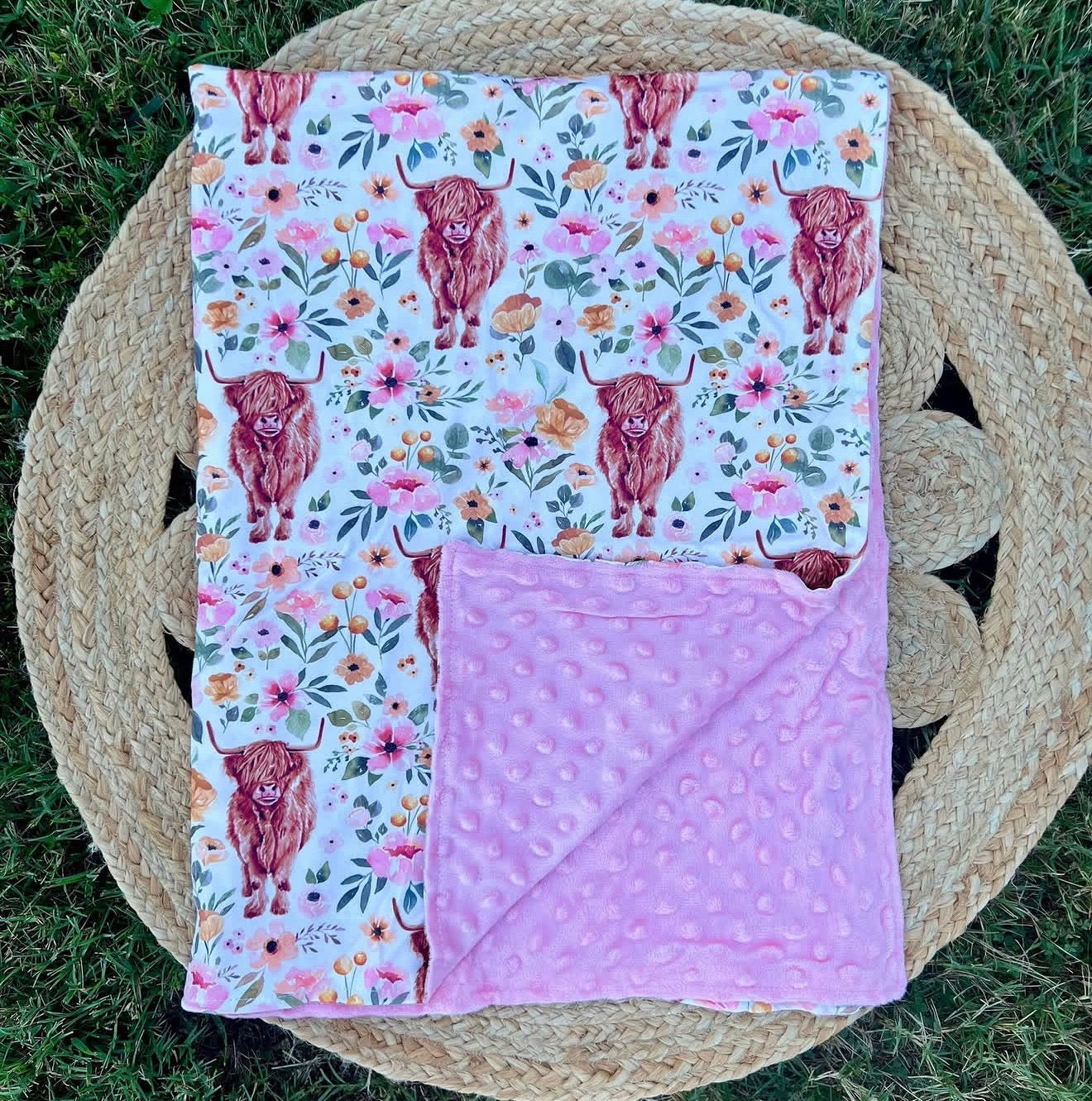 Pink Highland Cow Floral Blanket