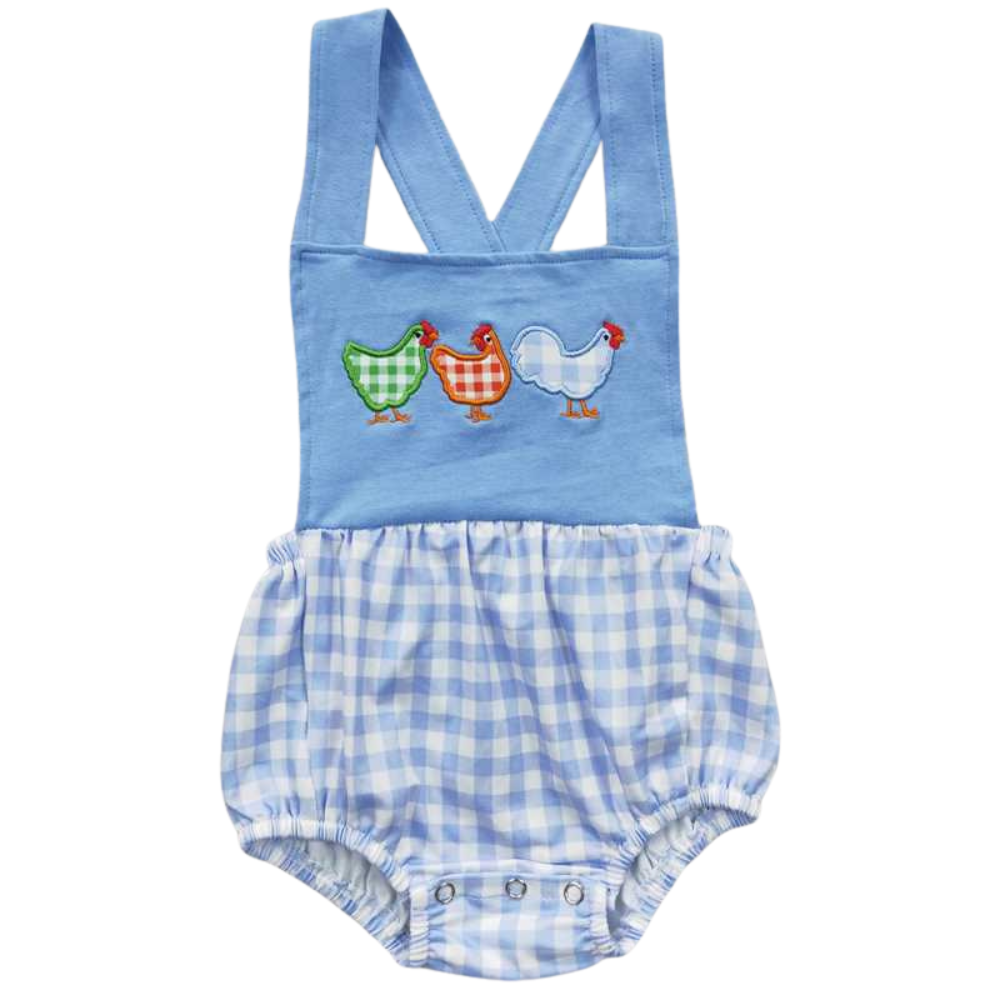 Embroidered Gingham Chicken Romper - Preorder