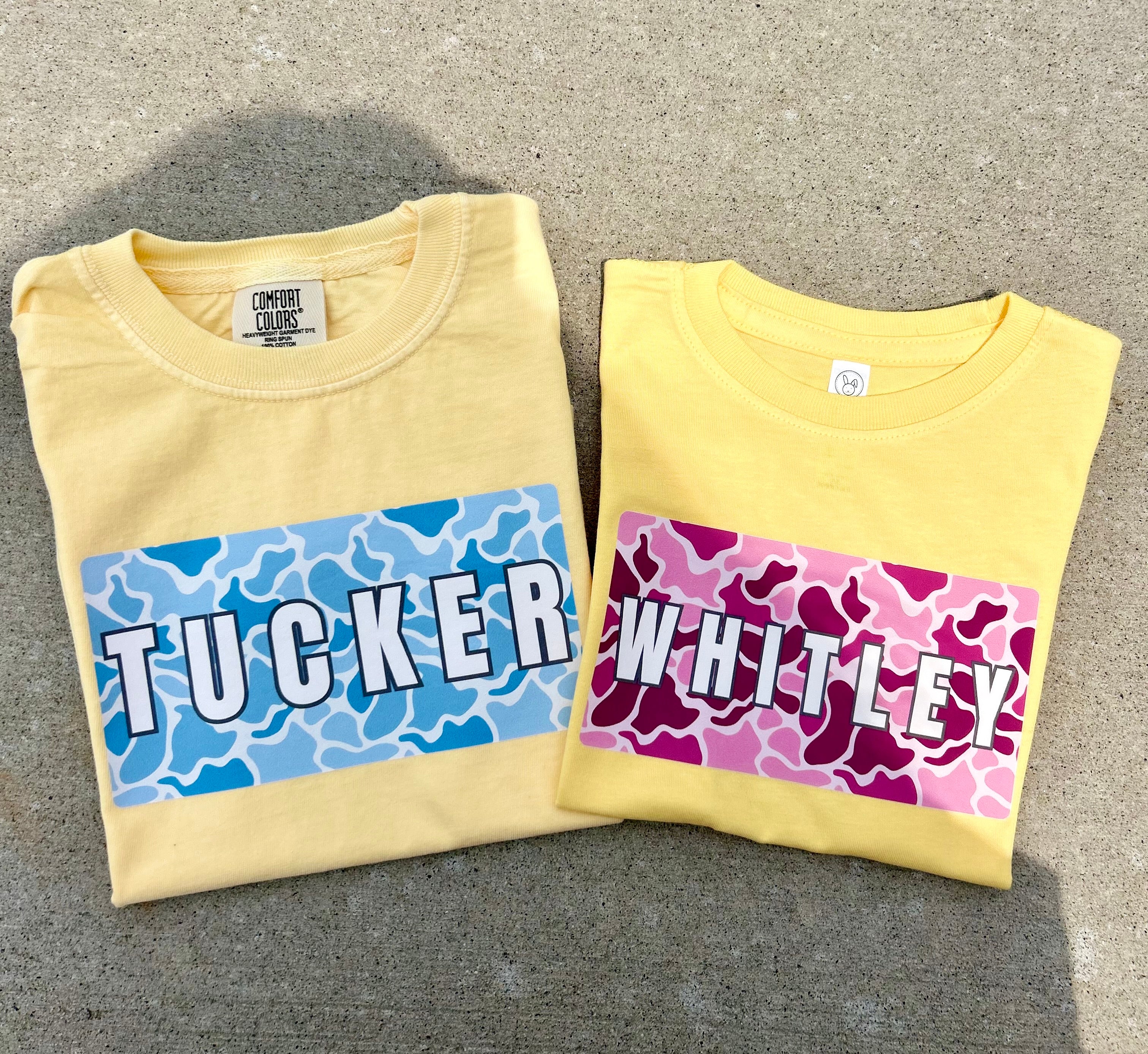 CUSTOM Blue Camo Name Plate Tee - Butter Yellow