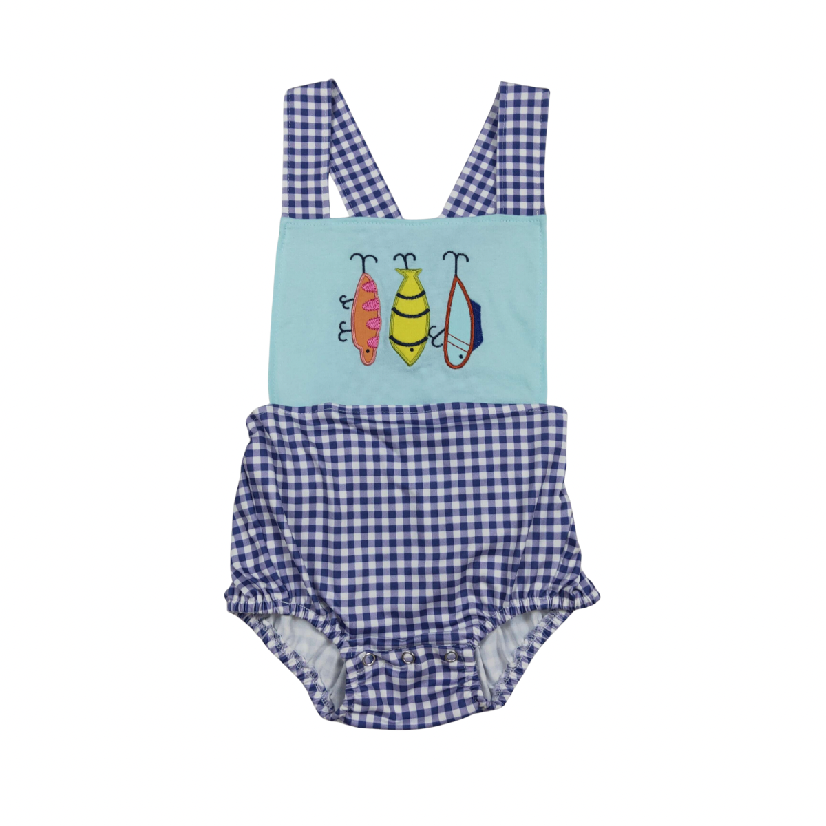 Blue Embroidered Fishing Lure Romper - Preorder