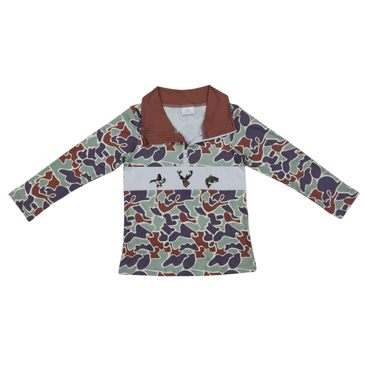 Embroidered Duck, Deer Fish Green Camo Pullover